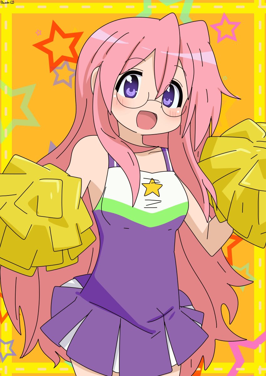 1girl absurdres bambi2000line breasts cheerleader commentary_request cowboy_shot dress glasses highres lucky_star medium_breasts open_mouth orange_background pink_hair pleated_dress pom_pom_(cheerleading) purple_dress purple_eyes short_dress smile solo star_(symbol) star_symbol_background takara_miyuki