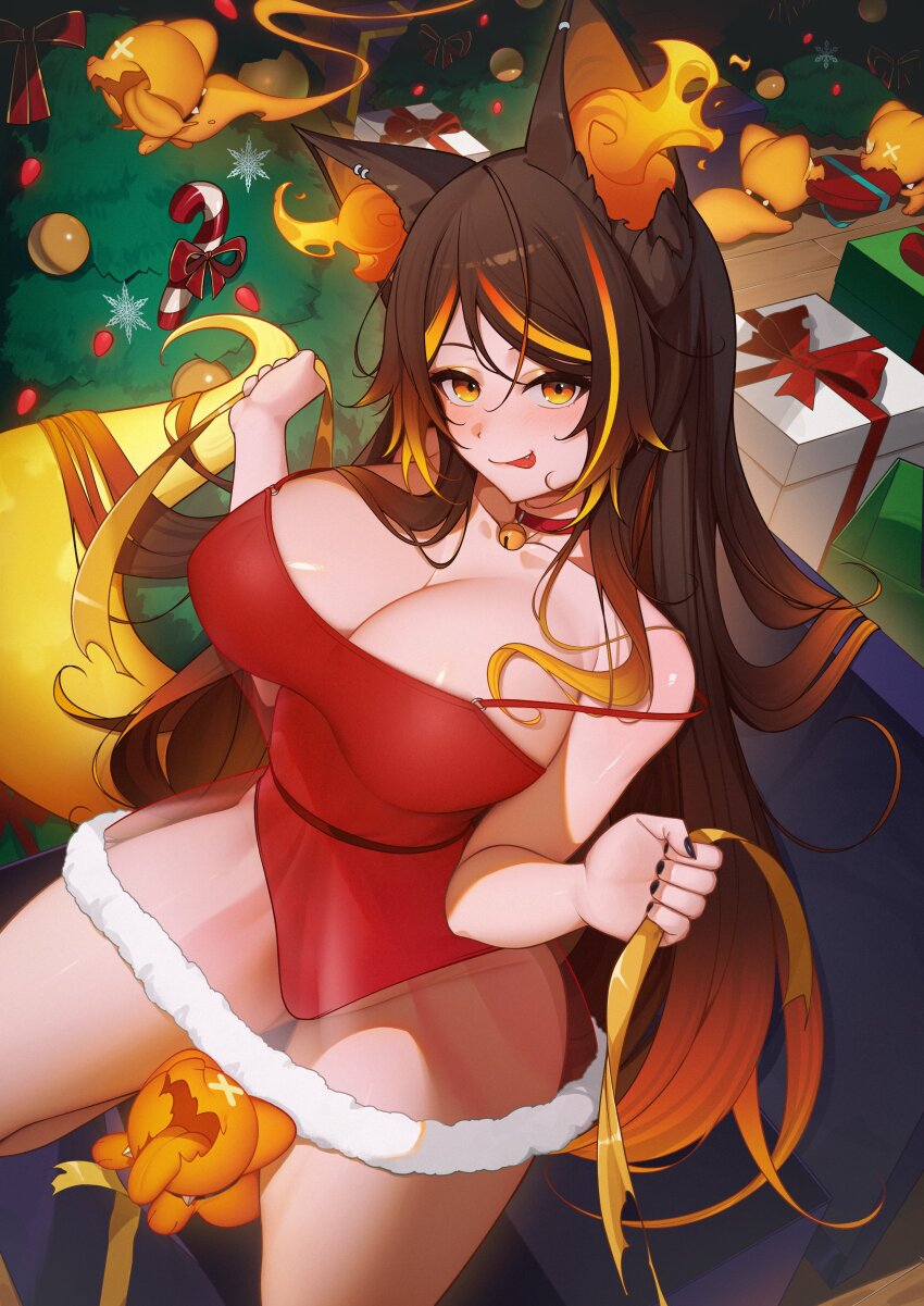 1girl :p absurdres animal_ears box breasts brown_hair christmas_tree cleavage fiery_ears fiery_tail gift gift_box greatodoggo highres indie_virtual_youtuber large_breasts leotard long_hair looking_at_viewer multicolored_hair orange_eyes orange_fire orange_hair orange_ribbon pyro_pup_(sinder) red_leotard ribbon second-party_source see-through_clothes see-through_skirt sinder_(vtuber) skirt solo strap_slip streaked_hair tail tongue tongue_out virtual_youtuber wolf_ears wolf_girl wolf_tail