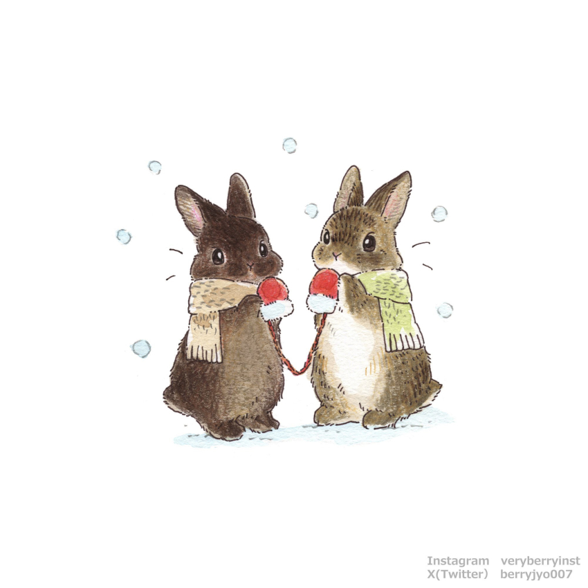 animal animal_ears animal_focus berry_jou brown_scarf green_scarf highres mittens no_humans original rabbit rabbit_ears rabbit_tail red_mittens scarf snowing tail traditional_media white_background