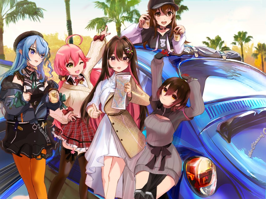 0th_generation_(hololive) 5girls ahoge amatsunatsu_hachiko azki_(4th_costume)_(hololive) azki_(hololive) baseball_cap beret black_thighhighs blue_eyes blue_hair brown_hair car cardigan cleavage_cutout clothing_cutout coffee collared_shirt day dress drink green_eyes hat highres holding holding_drink holding_map hololive hoshimachi_suisei hoshimachi_suisei_(casual) jacket long_hair long_sleeves map medium_hair motor_vehicle multiple_girls official_alternate_costume on_car open_clothes open_jacket orange_pantyhose outdoors pantyhose pink_hair plaid_clothes plaid_skirt purple_eyes roboco-san roboco-san_(sweater_dress) sakura_miko sakura_miko_(casual) shirt skirt sky star_(symbol) star_in_eye sweater sweater_dress symbol_in_eye thighhighs tokino_sora tokino_sora_(streetwear) tree virtual_youtuber white_shirt