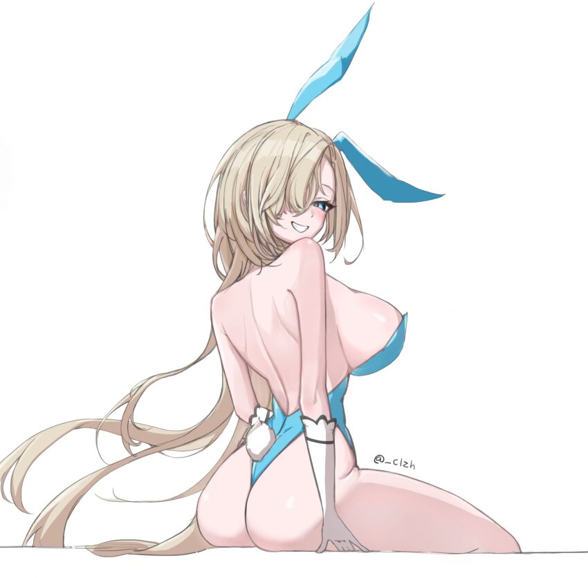 1girl animal_ears ass asuna_(blue_archive) blue_archive blue_leotard breasts chico_(51m741) fake_animal_ears fake_tail hair_over_one_eye highres large_breasts leotard long_hair looking_at_viewer official_alternate_costume playboy_bunny rabbit_tail simple_background solo strapless strapless_leotard tail white_background