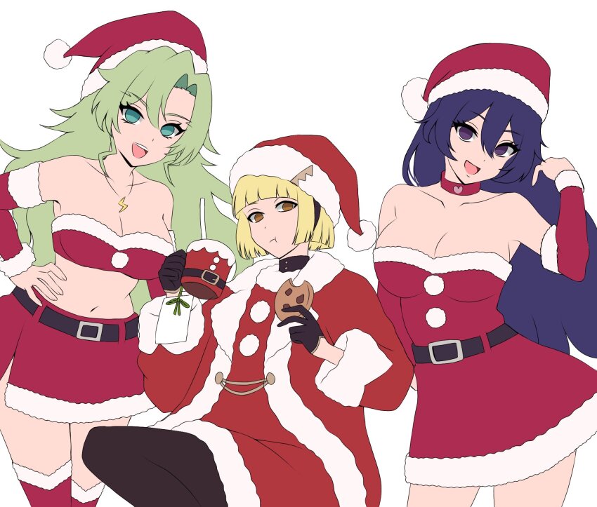 3girls b_eaka bambietta_basterbine bare_shoulders belt bleach bleach:_brave_souls bleach:_sennen_kessen-hen blonde_hair blue_hair breasts candice_catnipp capelet choker christmas cleavage collarbone cookie elbow_gloves food gloves green_eyes green_hair hand_on_own_hip highres holding_mug large_breasts liltotto_lamperd long_hair looking_at_viewer medium_hair multiple_girls official_alternate_costume open_mouth quincy_(bleach) red_capelet simple_background small_breasts sternritter white_background