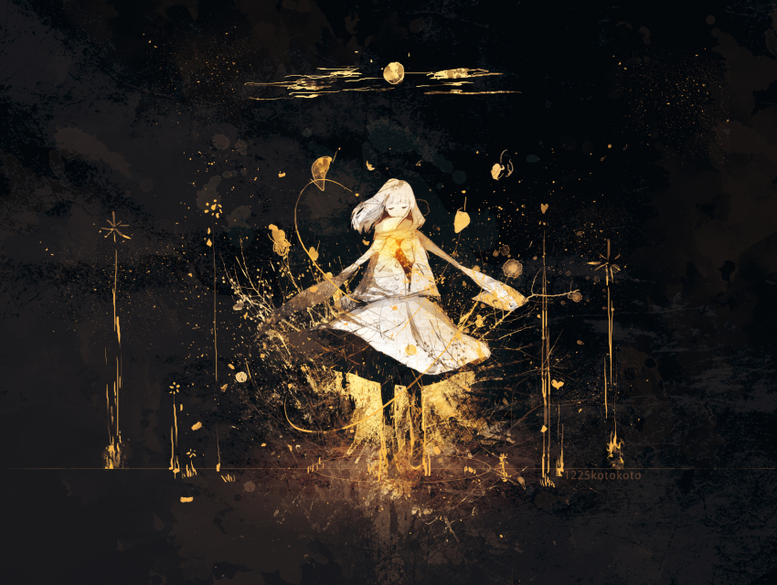 1girl artist_name black_background closed_eyes coat dated female_focus highres koto2 kotokoto_(vibgyor) original paint_splatter scarf solo spot_color trench_coat white_hair