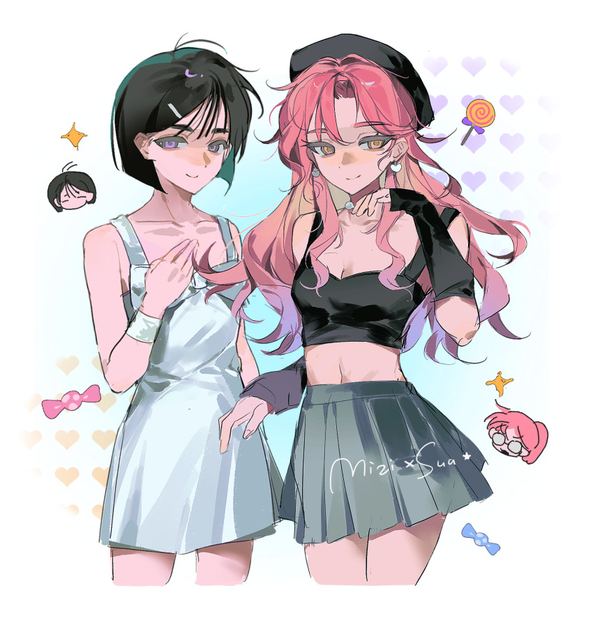 2girls alien_stage alternate_costume bare_shoulders black_arm_warmers black_hair black_hat black_tank_top bow bracelet breasts candy character_name chest_bow chinese_commentary cleavage closed_mouth commentary_request crop_top cropped_legs dress earrings food grey_skirt hand_up hat heart heart_earrings highres jewelry lollipop long_hair midriff mizi_(alien_stage) multiple_girls pink_hair purple_eyes short_hair skirt sleeveless sleeveless_dress smile sua_(alien_stage) tank_top westttt120 white_background white_bow white_dress yellow_eyes