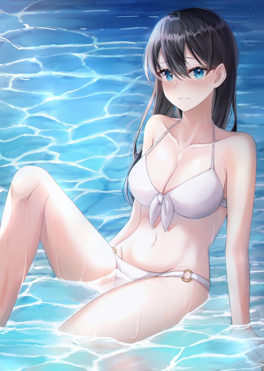 1girl absurdres arm_support arms_at_sides bikini black_hair blue_eyes blush breasts caustics cleavage closed_mouth collarbone embarrassed ffflilil hair_between_eyes halterneck highres knee_up large_breasts long_hair navel o-ring o-ring_bikini original shiny_skin solo swimsuit water wavy_mouth wet white_bikini