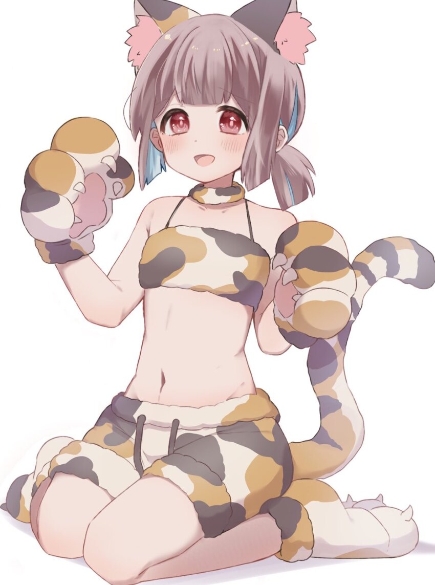 1girl :d animal_ear_fluff animal_ears animal_hands animal_print bare_arms bare_shoulders blue_hair blush brown_eyes brown_hair cat_ears cat_print cat_tail choker commentary full_body gloves highres hozuki_momiji looking_at_viewer midriff multicolored_hair navel official_alternate_costume onii-chan_wa_oshimai! open_mouth paw_gloves paw_shoes short_hair short_ponytail shorts simple_background sitting smile solo tail toamaru54 two-tone_hair wariza white_background