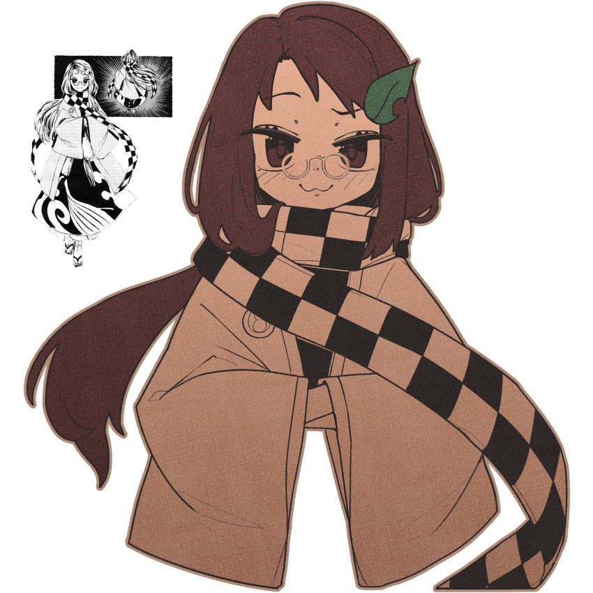 1girl :3 absurdres blush brown_eyes brown_hair checkered_clothes checkered_scarf closed_mouth commentary cropped_torso enpera forbidden_scrollery futatsuiwa_mamizou futatsuiwa_mamizou_(human) hair_ornament hands_in_opposite_sleeves haori harukawa_moe highres japanese_clothes leaf_hair_ornament long_hair long_sleeves looking_at_viewer outline round_eyewear scarf simple_background smile solo symbol-only_commentary touhou transparent_background very_long_hair wide_sleeves wrevhy