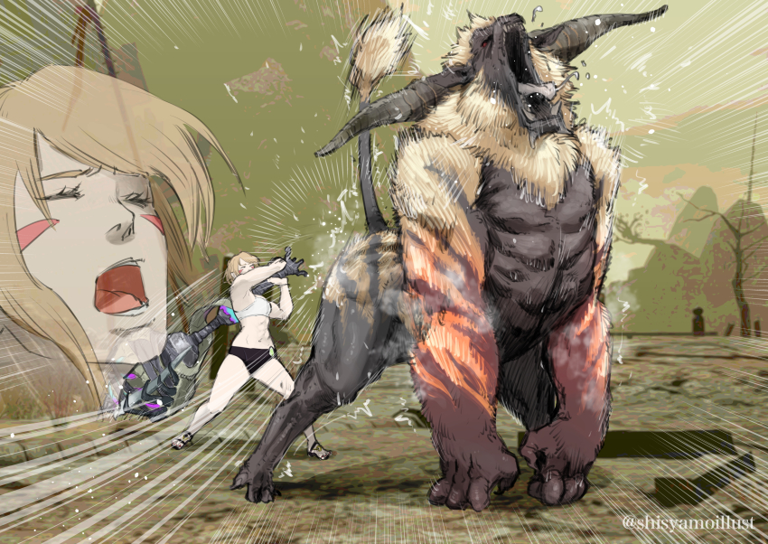 1girl 1other absurdres all_fours blonde_hair buff_body_(armor) closed_eyes golden_kamuy highres horns hunting_horn monster monster_hunter_(character) monster_hunter_(series) open_mouth parody rajang shishamo_(shisyamo) sports_bra tail