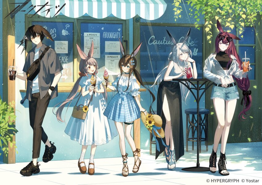 1boy 4girls amiya_(arknights) animal_ear_piercing animal_ears arknights awning ayerscarpe_(arknights) bag black_bag black_footwear black_shirt black_skirt blue_bow blue_skirt bow brown_footwear brown_hair brown_pants cafe commentary_request company_name copyright_name copyright_notice crop_top denim denim_shorts dress drink english_text eyewear_on_head fanny_pack flower grey_eyes grey_hair grey_shirt grey_sweater hair_bow handbag hat hat_flower highres holding holding_unworn_clothes holding_drink holding_hat holding_ice_cream_cone holding_unworn_clothes ice_cream_cone infection_monitor_(arknights) leaning_forward long_hair lop_rabbit_ears multiple_girls official_alternate_costume official_art orange_eyes outdoors pants plaid_clothes plaid_skirt ponytail puffy_short_sleeves puffy_sleeves purple_eyes rabbit_boy rabbit_ears rabbit_girl ray_(arknights) red_hair ribbed_sweater sandals savage_(arknights) shadow shirt shoes short_hair short_sleeves shorts side_slit sitting skirt sneakers socks sun_hat sunflower sunglasses sweater table thigh_strap tied_shirt toeless_footwear trait_connection tree ugonba_(howatoro) unworn_hat unworn_headwear warmy_(arknights) watch white_dress white_shirt white_socks window wristwatch yellow_flower