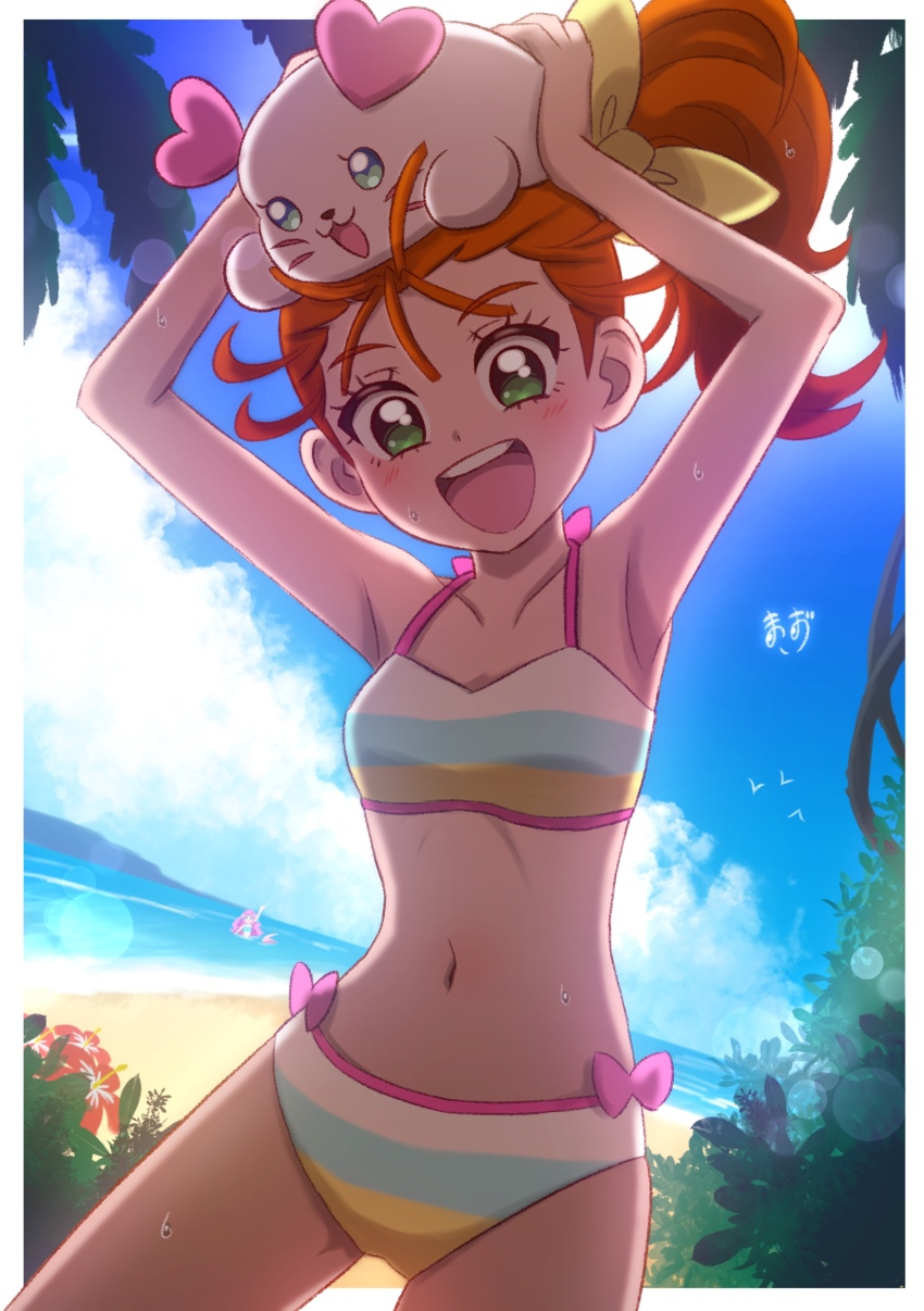 1girl absurdres arms_up artist_name backlighting beach bikini blue_sky breasts cloud collarbone commentary_request cowboy_shot creature_on_head day green_eyes highres horizon kururun_(precure) long_hair natsuumi_manatsu navel ocean open_mouth orange_hair outdoors ponytail precure round_teeth sky small_breasts smile solo striped_bikini striped_clothes swimsuit teeth tropical-rouge!_precure upper_teeth_only zerolay