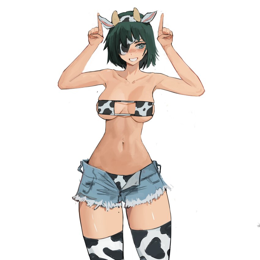 1girl absurdres animal_ears animal_print arm_up armpits bare_arms bare_shoulders bikini bikini_under_clothes blue_shorts blush breasts chainsaw_man collarbone cow_ears cow_girl cow_horns cow_print cow_print_bikini cow_print_thighhighs cowboy_shot cutoffs denim denim_shorts eyepatch eyepatch_bikini fake_animal_ears fake_horns green_eyes grin highres himeno_(chainsaw_man) horned_headwear horns looking_to_the_side medium_breasts narrow_waist navel no_shirt one-eyed one_eye_covered open_clothes open_fly open_mouth open_shorts pointing pointing_up print_bikini print_thighhighs short_hair short_shorts shorts simple_background skindentation skinny smile solo standing stomach strapless strapless_bikini string_bikini swimsuit teeth tefi_blum thighhighs thighs underboob unzipped white_background wide_hips