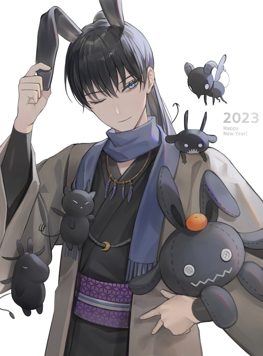 1boy alternate_costume animal_ears black_clover black_hair black_kimono blue_eyes blue_scarf closed_mouth demon demon_horns demon_tail hand_on_own_ear happy_new_year highres holding holding_stuffed_toy horns japanese_clothes jewelry kimono looking_at_viewer nacht_faust necklace new_year one_eye_closed ponytail rabbit_ears scarf smile solo stuffed_animal stuffed_rabbit stuffed_toy tail touching_ears tsugutoku white_background