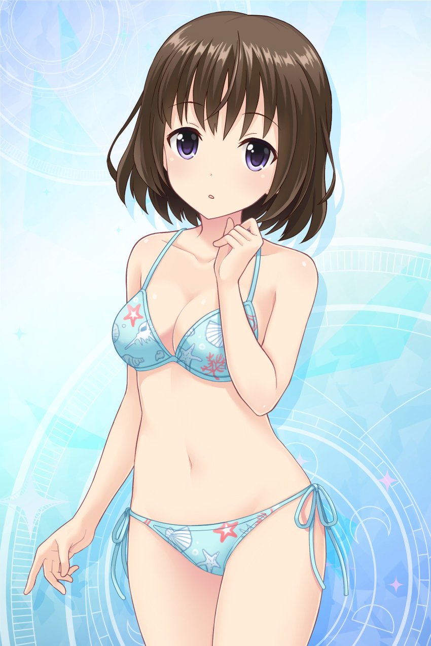 1girl absurdres alternative_girls asahina_nono bikini blush breasts brown_hair highres light_blush looking_at_viewer official_art open_mouth purple_eyes short_hair side-tie_bikini_bottom standing string_bikini swimsuit