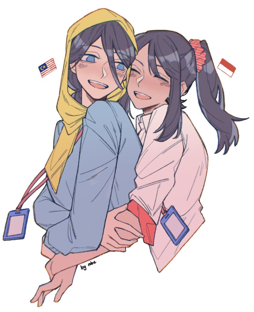 2girls black_hair blue_eyes blush closed_eyes collared_shirt hair_ornament hair_scrunchie highres hijab hug hug_from_behind id_card indonesian_flag japan-korea_yuri_(meme) lanyard long_sleeves malaysian_flag mbembe meme multiple_girls office_lady open_mouth original ponytail scrunchie shirt white_shirt yellow_hijab yuri