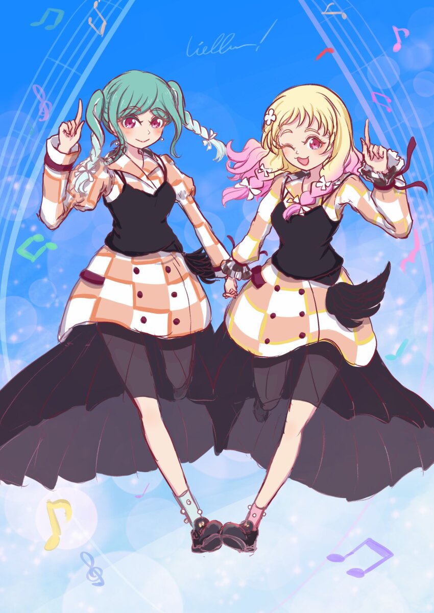 2girls ;3 ;d alt_text aqua_hair beamed_eighth_notes black_dress black_footwear blonde_hair blue_sky blue_socks braid checkered_clothes checkered_dress closed_mouth commentary_request dress eighth_note full_body gradient_hair group_name highres holding_hands index_finger_raised let&#039;s_be_one_(love_live!) loafers lone_nape_hair long_dress long_hair long_sleeves looking_at_viewer love_live! love_live!_superstar!! low_twin_braids medium_hair multicolored_hair multiple_girls musical_note official_alternate_costume one_eye_closed onitsuka_natsumi onitsuka_tomari open_mouth orange_dress pink_hair pink_socks puffy_long_sleeves puffy_sleeves see-through_dress_layer seiha_(hnumkt) shoes siblings sidelocks sisters sky smile socks treble_clef twin_braids twintails white_dress