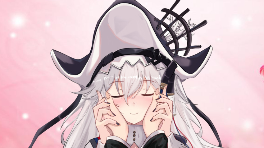 1girl 1other arknights black_headwear black_nails blush closed_eyes closed_mouth clothing_cutout doctor_(arknights) facing_viewer fingernails gradient_background grey_hair hair_between_eyes hand_grab hands_on_another&#039;s_cheeks hands_on_another&#039;s_face highres long_fingernails long_hair long_sleeves long_wuxian nail_polish nose_blush pink_background pov shoulder_cutout smile solo_focus specter_(arknights) upper_body