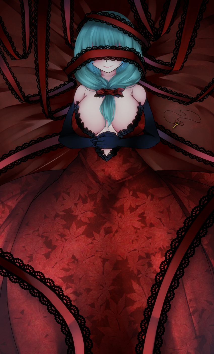 alternate_costume aoshima bare_shoulders breasts covered_eyes dress elbow_gloves front_ponytail gloves green_hair highres kagiyama_hina key lace lace-trimmed_dress lace_trim large_breasts red_dress touhou