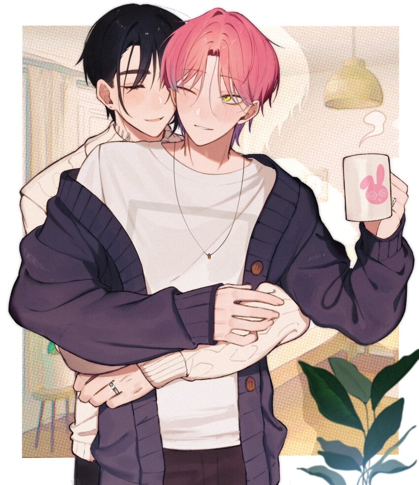 2boys 4tsuba_kuma alien_stage black_hair blue_cardigan blush border cardigan closed_eyes commentary_request cup genderswap genderswap_(ftm) highres holding holding_cup hug hug_from_behind indoors jewelry long_sleeves male_focus mizi_(alien_stage) mug multicolored_hair multiple_boys neck_tattoo necklace one_eye_closed outside_border pink_hair plant purple_hair ring shirt short_hair smile sua_(alien_stage) sweater tattoo two-tone_hair white_border white_shirt white_sweater yaoi yellow_eyes