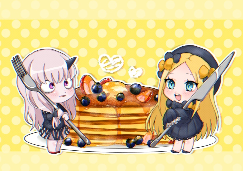 2girls abigail_williams_(fate) bags_under_eyes black_bow black_dress black_footwear black_hat blonde_hair blue_eyes blueberry blush bow bug butterfly chibi chromatic_aberration commentary_request dress fate/grand_order fate_(series) food forehead fork fruit gaota hair_bow hat heart holding holding_fork holding_knife horns insect knife lavinia_whateley_(fate) long_hair long_sleeves multiple_girls orange_bow oversized_object pancake pancake_stack parted_bangs plate polka_dot polka_dot_background polka_dot_bow purple_eyes red_footwear single_horn sleeves_past_fingers sleeves_past_wrists standing syrup teeth upper_teeth_only very_long_hair yellow_background