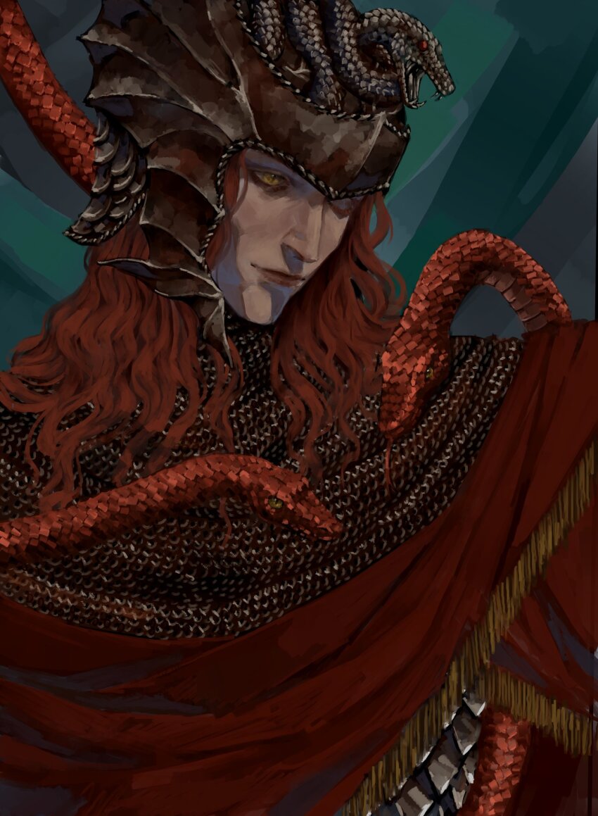 1boy armor chainmail elden_ring elden_ring:_shadow_of_the_erdtree helmet highres male_focus medium_hair messmer_the_impaler red_hair robe snake snake_wrapped_around_neck solo yellow_eyes zevranstits