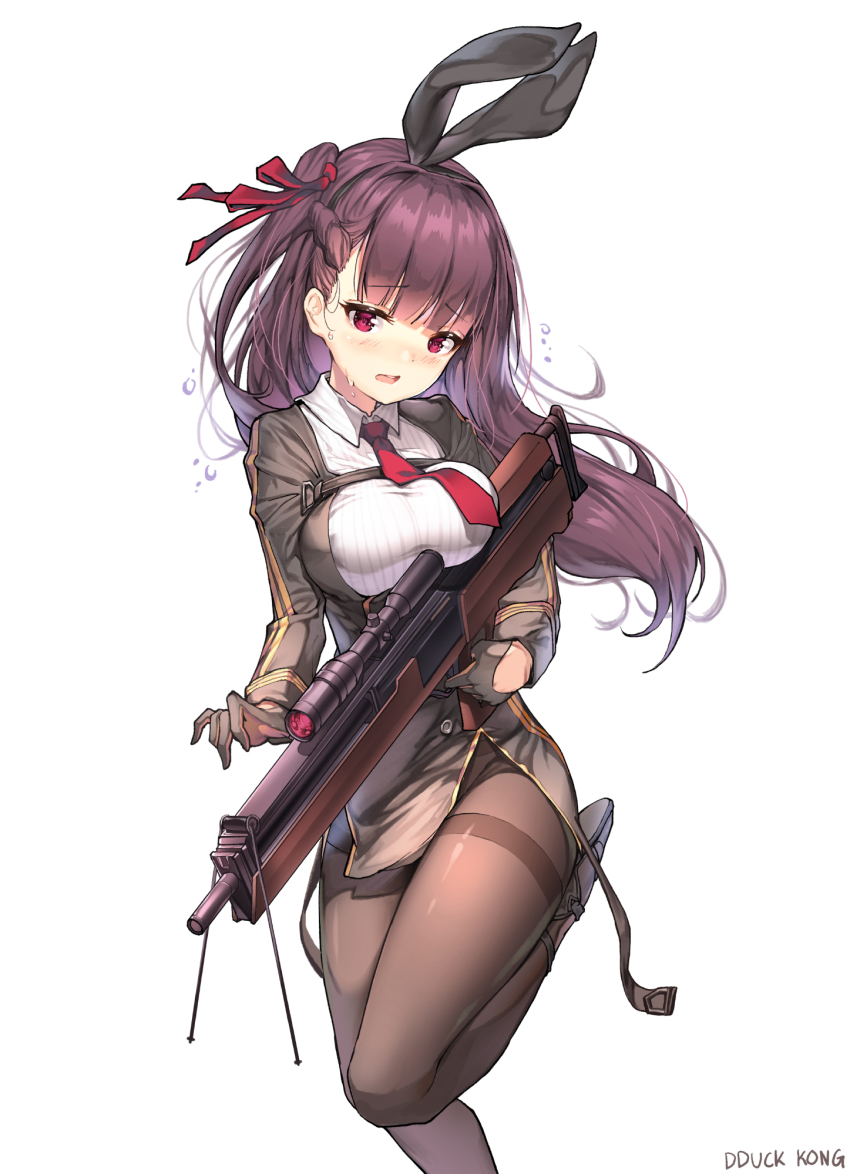 1girl black_footwear black_hairband black_ribbon blush braid brown_dress brown_gloves brown_pantyhose bullpup commentary dduck_kong dress finger_on_trigger girls&#039;_frontline gloves gun hair_ribbon hairband head_tilt highres holding holding_gun holding_weapon long_hair long_sleeves looking_at_viewer name_connection object_namesake pantyhose parted_lips purple_eyes purple_hair red_ribbon ribbon rifle shoes signature simple_background sniper_rifle solo standing standing_on_one_leg sweat thighband_pantyhose very_long_hair wa2000_(girls&#039;_frontline) walther walther_wa_2000 weapon white_background