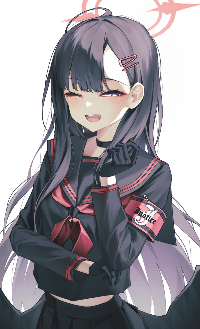 1girl ;d absurdres ahoge armband black_choker black_gloves black_hair black_serafuku black_wings blue_archive blush choker gloves halo highres ichika_(blue_archive) long_hair long_sleeves looking_at_viewer midriff neckerchief ninininni one_eye_closed open_mouth pleated_skirt purple_eyes red_armband red_halo red_neckerchief school_uniform serafuku simple_background skirt smile solo straight_hair very_long_hair white_background wings