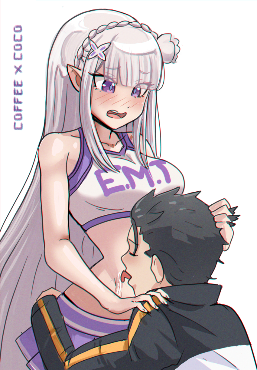 1boy 1girl absurdres black_hair blush braid breasts cheerleader clothes_writing coffeexcoco elf embarrassed emilia_(re:zero) flower hair_between_eyes hair_flower hair_ornament hand_on_another&#039;s_head highres huge_breasts jacket licking licking_stomach long_hair midriff natsuki_subaru pointy_ears purple_eyes re:zero_kara_hajimeru_isekai_seikatsu short_hair skirt tank_top track_jacket track_suit white_hair wide_hips