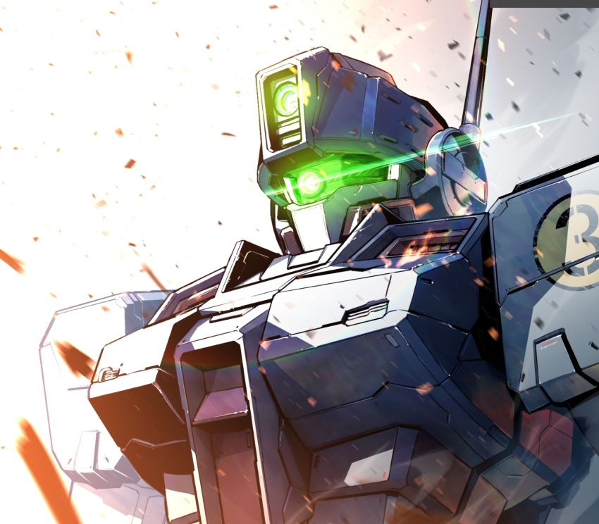 embers glowing glowing_eye gm_sniper_ii green_eyes gundam gundam_0080 highres kuri_giepi looking_down mecha mobile_suit one-eyed portrait radio_antenna robot science_fiction solo white_background