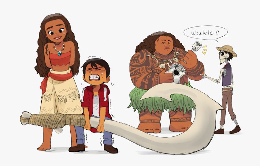 1girl 3boys arm_tattoo blue_pants brown_hair brown_pants chest_tattoo closed_eyes coco_(disney) crossover dark-skinned_female dark-skinned_male dark_skin english_text hector_rivera holding holding_instrument instrument jacket jewelry leaf_skirt leg_tattoo maui_(moana) miguel_rivera moana_(movie) moana_waialiki multiple_boys necklace open_clothes open_jacket pano_(mohayayamai) pants purple_vest red_jacket shirt short_hair simple_background skirt speech_bubble tattoo tribal_tattoo ukulele vest white_background white_shirt white_skirt