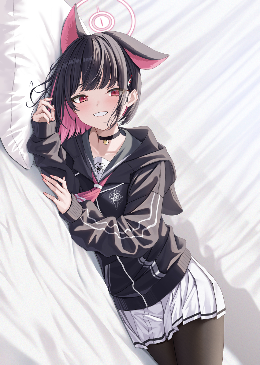 1girl absurdres animal_ears black_choker black_hair black_hoodie black_pantyhose blue_archive cat_choker cat_ears choker colored_inner_animal_ears colored_inner_hair commentary_request extra_ears halo highres hood hooded_jacket hoodie jacket kazusa_(blue_archive) looking_at_viewer lying multicolored_hair neckerchief on_bed on_side pantyhose pillow pink_halo pink_neckerchief pleated_skirt rama_(yu-light8) red_eyes skirt smile solo trinity_general_school_logo white_skirt