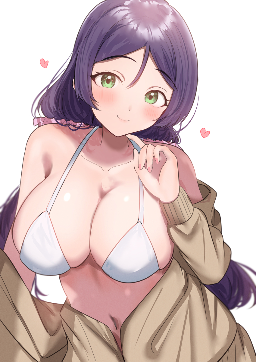 1girl absurdres aqua_eyes breasts highres large_breasts long_hair looking_at_viewer love_live! love_live!_school_idol_project partially_undressed purple_hair simple_background smile solo sunya_(honorin-yuunibo) tojo_nozomi