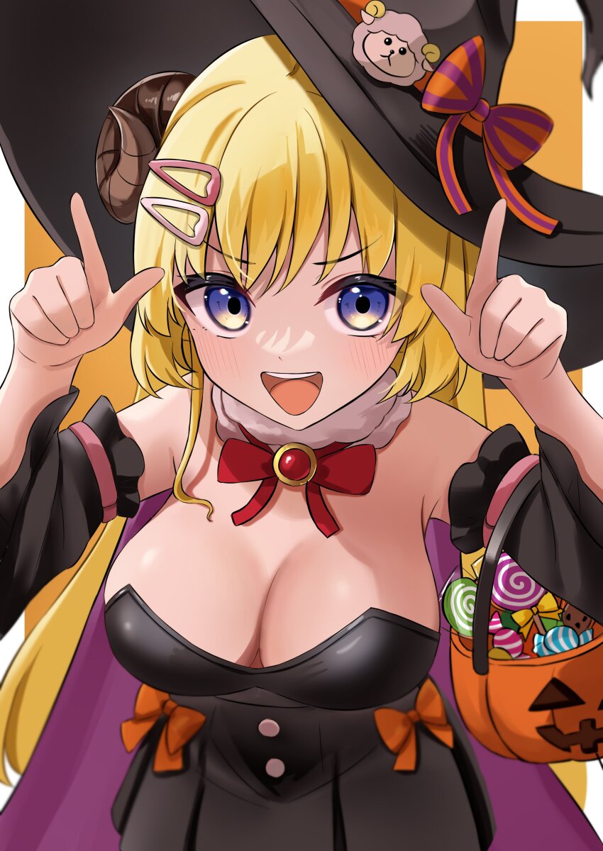 1girl absurdres bare_shoulders black_bridal_gauntlets black_dress blonde_hair blue_eyes blush breasts bridal_gauntlets buttons candy cleavage cowboy_shot dress food fur_collar hair_ornament hairpin halloween_bucket hat highres hololive horns horns_pose large_breasts leo_(f_mmmnkm_paint) lollipop long_hair looking_at_viewer open_mouth orange_background red_ribbon ribbon sheep_girl sheep_horns sleeveless sleeveless_dress strapless strapless_dress teeth tsunomaki_watame upper_teeth_only virtual_youtuber white_background witch_hat