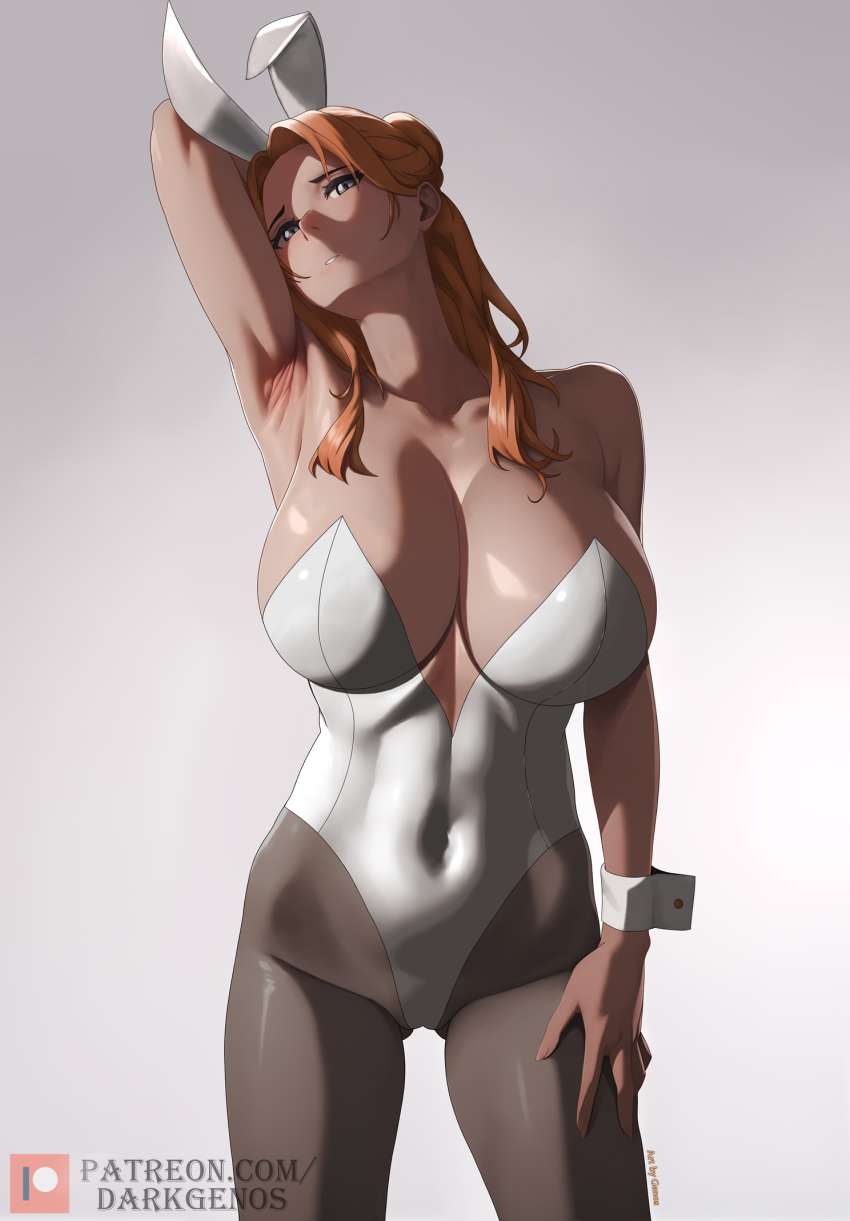 1girl alternate_eye_color animal_ears arm_behind_head armpit_crease armpits artist_name bare_shoulders bleach bleach:_sennen_kessen-hen breasts cleavage collarbone cuffs dark_genos fake_animal_ears fake_bunny_ears female_focus highres inoue_orihime large_breasts leotard long_hair orange_hair patreon_username playboy_bunny simple_background strapless strapless_leotard variant_set white_leotard white_wrist_cuffs wrist_cuffs