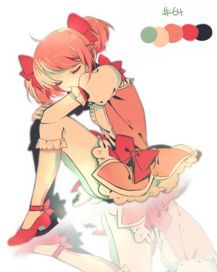 1girl ahoge blurry bow closed_eyes color_guide depth_of_field frilled_sleeves frills full_body hair_bow highres hitomiko_(echo_23) kaname_madoka kaname_madoka_(magical_girl) kneehighs limited_palette magical_girl mahou_shoujo_madoka_magica mahou_shoujo_madoka_magica_(anime) numbered pink_hair puffy_short_sleeves puffy_sleeves red_bow red_footwear red_ribbon reflection ribbon shadow shoes short_hair short_sleeves sitting socks soft_focus solo twintails white_background white_socks