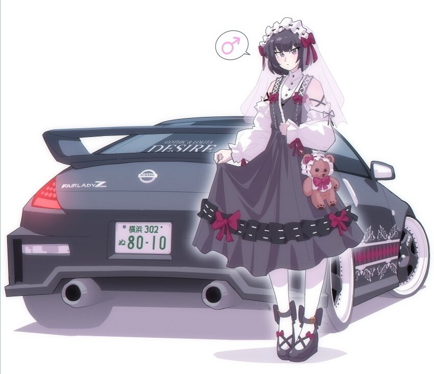 1boy absurdres black_footwear bow car closed_mouth commentary crossdressing detached_sleeves dress english_commentary grey_hair heretic_canopus highres lace lace-trimmed_dress lace_trim license_plate light_blush lolita_fashion long_sleeves looking_at_viewer male_focus mars_symbol motor_vehicle nissan_350z nissan_fairlady_z pink_bow pink_eyes pink_ribbon ribbon shadow short_hair shutokou_battle shutokou_battle_(2025) simple_background skirt_hold solo speech_bubble spoken_mars_symbol sports_car stuffed_animal stuffed_toy teddy_bear trap vee_(427deer) veil white_background