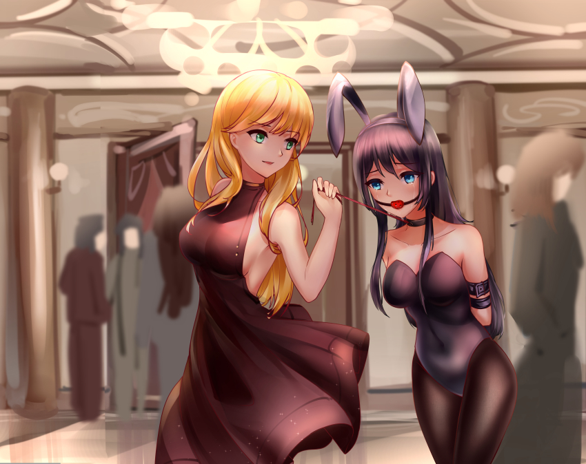 2girls absurdres animal_ears ball_gag bare_shoulders blonde_hair blue_eyes blush breasts city closed_mouth collar collarbone dress fake_animal_ears femdom gag green_eyes highres holding holding_leash leash leash_pull leotard lips long_hair looking_away looking_down medium_breasts multiple_girls original pantyhose playboy_bunny purple_hair rabbit_ears red_dress restrained slave smile tears wiffle_gag yuri zhadanzhawugui