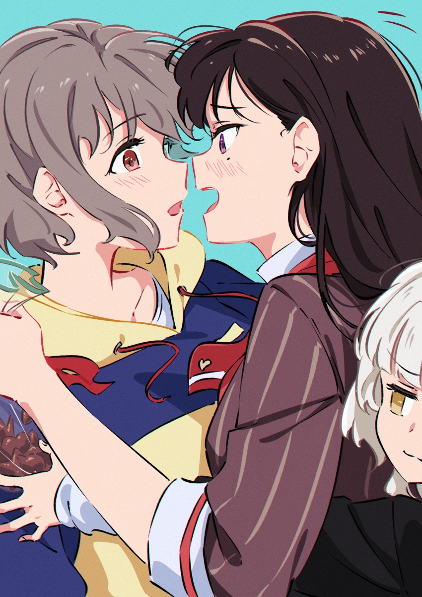 3girls :3 absurdres bang_dream! bang_dream!_it&#039;s_mygo!!!!! black_hair black_shirt blue_background blush brown_eyes brown_jacket commentary forced_hug grey_hair group_hug highres hood hood_down hoodie hug jacket kaname_raana mole mole_under_eye multiple_girls open_mouth purple_eyes raito_taisha shiina_taki shirt short_hair simple_background symbol-only_commentary takamatsu_tomori teeth upper_teeth_only white_hair white_shirt yellow_eyes yuri