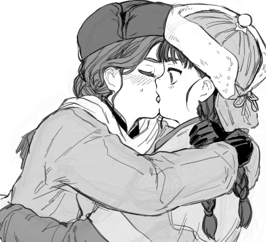 2girls fur_hat greyscale hat long_hair mandarin_collar mongolia mongolia_(nanimonothing) mongolian_clothes monochrome multiple_girls nanimonothing original russia russia_(nanimonothing) sketch toortsog upper_body ushanka white_background yuri