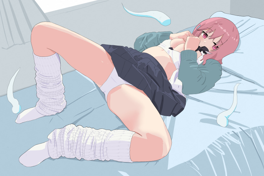 1girl :3 absurdres alternate_costume aqua_cardigan black_skirt blush bra breasts cardigan clenched_hands commentary_request contemporary doubutsu_koujou highres hitodama indoors looking_at_viewer loose_socks lying medium_breasts on_back on_bed open_clothes open_shirt panties pink_hair pleated_skirt saigyouji_yuyuko school_uniform shirt skirt socks solo spread_legs touhou underwear white_bra white_panties white_shirt white_socks