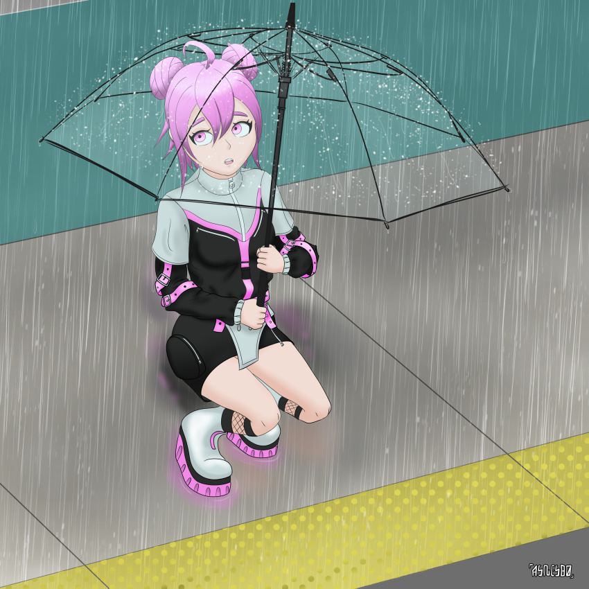 1girl absurdres ahoge asnesbo black_jacket black_skirt black_socks boots breasts double_bun grey_footwear hai-chu hair_bun highres holding holding_umbrella jacket long_sleeves looking_to_the_side medium_breasts open_mouth purple_eyes purple_hair rain road see-through_umbrella sidewalk skirt socks squatting teeth umbrella