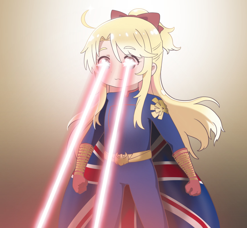 1girl :3 absurdres akaki_aoyama belt blonde_hair bodysuit bow cape cosplay cowboy_shot elbow_gloves gloves gradient_background highres himesaka_noa homelander homelander_(cosplay) laser long_hair red_bow sidelocks solo superhero_costume the_boys thick_eyebrows union_jack union_jack_print watashi_ni_tenshi_ga_maiorita!