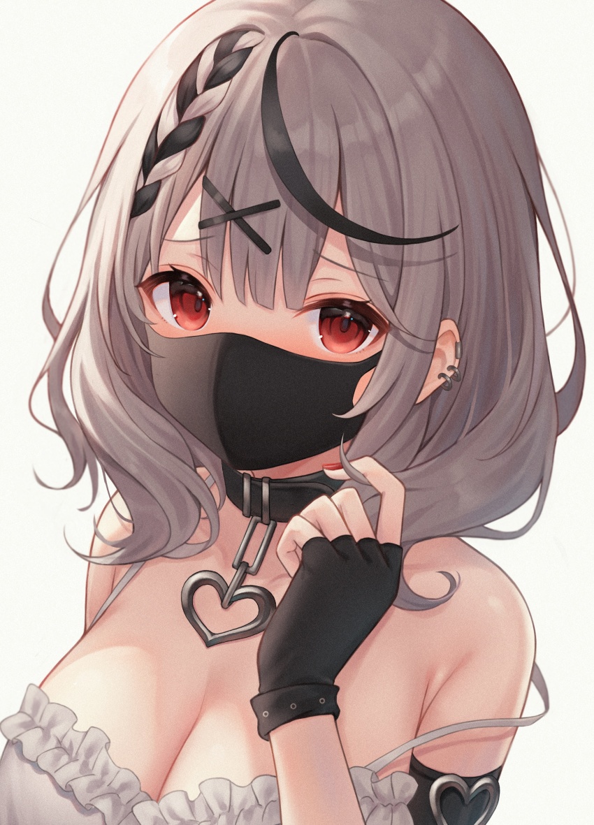 1girl absurdres black_collar black_gloves breasts cleavage collar commentary ear_piercing ebihurai fingerless_gloves gloves green_hair hair_ornament highres hololive looking_at_viewer mask mouth_mask multicolored_hair nail_polish piercing red_eyes red_nails sakamata_chloe solo two-tone_hair virtual_youtuber white_background x_hair_ornament