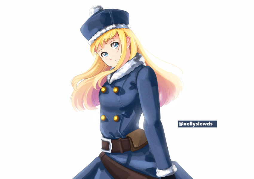 1girl absurdres blonde_hair blue_coat blue_eyes breasts coat cowboy_shot etrian_odyssey fur_collar fur_trim gunner_(sekaiju) gunner_2_(sekaiju) hat highres long_hair medium_breasts nellyslewds sekaiju_no_meikyuu sekaiju_no_meikyuu_2 simple_background solo twitter_username white_background