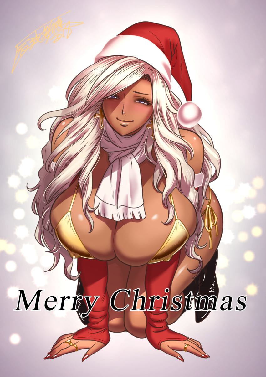 1girl all_fours bare_shoulders bikini blue_eyes blush boots breasts bridal_gauntlets christmas cleavage closed_mouth dark-skinned_female dark_skin earrings fingernails gal_ane_shachou_to_harem_ganguro_~sex_wa_gyoumu_ni_fukumimasu_ka? ganguro gyaru half-closed_eyes hat highres huge_breasts jewelry long_hair looking_at_viewer merry_christmas nail_polish nishigori_ai original red_nails ring santa_hat scarf sharp_fingernails side-tie_bikini_bottom silver_hair simple_background smile solo swimsuit tatsunami_youtoku text_focus very_long_hair yellow_bikini