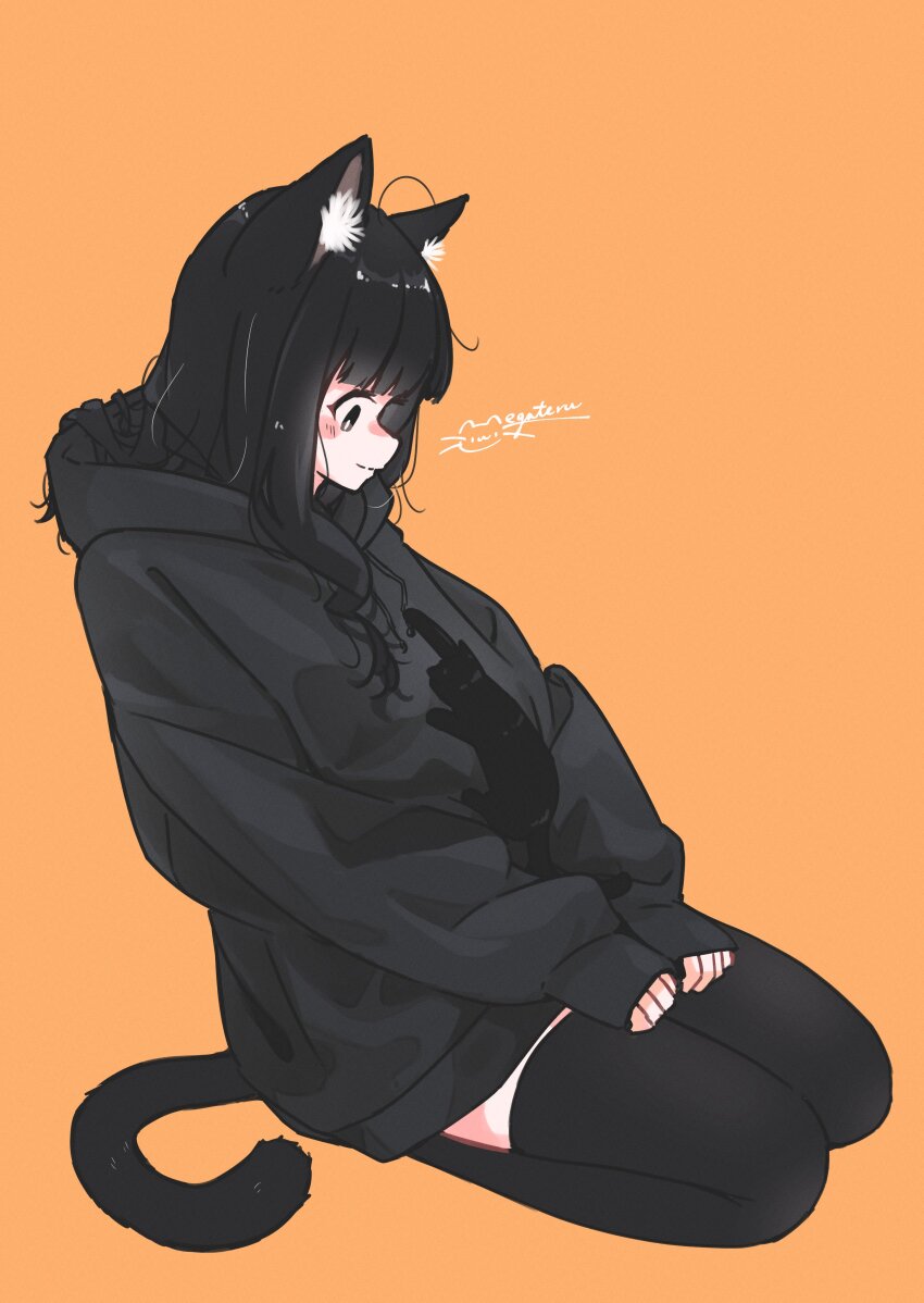 1girl absurdres animal_ear_fluff animal_ears black_cat black_eyes black_hair black_hoodie black_thighhighs blunt_bangs blush blush_stickers cat cat_ears cat_girl cat_tail commentary_request drawstring from_side full_body highres hood hood_down hoodie long_hair looking_at_animal megateru orange_background original oversized_clothes sidelocks signature simple_background sitting sleeves_past_wrists smile solo tail thighhighs