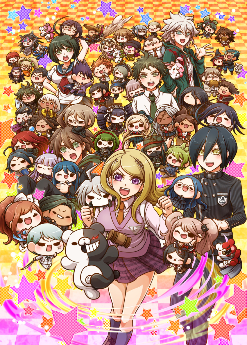 6+boys 6+girls :&lt; ^_^ absolutely_everyone ahoge akamatsu_kaede amami_rantaro android anger_vein animal animal_on_head antenna_hair apron arm_belt armband arrow_print asahina_aoi backpack badge bag ball bandage_over_one_eye bandaged_arm bandages bandaid bandaid_on_knee bandaid_on_leg bead_bracelet beads beanie bear bear_hair_ornament beard beard_stubble belt belt_buckle big_hair black-framed_eyewear black_belt black_bra black_choker black_coat black_corset black_dress black_eyes black_footwear black_gloves black_hair black_hat black_jacket black_mask black_necktie black_pants black_pantyhose black_sailor_collar black_scarf black_serafuku black_skirt black_socks black_suit black_thighhighs blee blonde_hair blue-tinted_eyewear blue_bow blue_bowtie blue_dress blue_hair blue_jacket blue_pants blue_serafuku blue_shirt blue_shorts blue_skirt blunt_bangs blunt_ends blush_stickers bob_cut book boots bow bowtie bra bracelet braid breasts brooch brown-framed_eyewear brown_belt brown_footwear brown_hair brown_jacket brown_pants brown_skirt brown_suit brown_vest buckle butterfly_net buttons camera cat_hair_ornament celestia_ludenberg chabashira_tenko chain chain_necklace checkered_clothes checkered_floor checkered_scarf cherry_blossom_print chibi chibi_on_head chibi_on_shoulder choker cigar cigarette circle_skirt cleavage clenched_hands closed_eyes closed_mouth coat coat_on_shoulders coat_partially_removed collarbone collared_coat collared_shirt cone_hair_bun corset crescent_print crossed_arms crown_braid crying crying_with_eyes_open crystal_ball cuffs cup danganronpa danganronpa/zero danganronpa:_trigger_happy_havoc danganronpa_(series) danganronpa_2:_goodbye_despair danganronpa_3_(anime) danganronpa_another_episode:_ultra_despair_girls danganronpa_v3:_killing_harmony dark-skinned_female dark-skinned_male dark_skin double-breasted double_bun dreadlocks dress drill_hair drooling ear_piercing earrings eating enoshima_junko everyone expressionless eyelashes facial_hair fake_horns fat fat_man feet_out_of_frame fighting_stance floating_earring floral_print flower food foot_out_of_frame formal fortissimo freckles frilled_apron frilled_dress frilled_skirt frilled_sleeves frills frown frying_pan fujisaki_chihiro fukawa_toko full_body fur-trimmed_coat fur_trim furrowed_brow gakuran gavel glasses gloves goatee goggles goggles_on_head gokuhara_gonta gold_chain gothic_lolita gradient_background green_bow green_dress green_eyes green_hair green_jacket green_necktie green_pants green_vest grey_footwear grey_hair grey_hairband grey_jacket grey_pants grey_pantyhose grin guitar hagakure_yasuhiro hair_between_eyes hair_bow hair_bun hair_ornament hair_over_one_eye hair_ribbon hair_scrunchie hairband hairclip hammer hamster hanamura_teruteru hand_net hand_on_own_chin hand_on_own_elbow hand_on_own_head hand_on_own_hip hands_on_own_cheeks hands_on_own_chin hands_on_own_face harukawa_maki hat hat_belt hat_feather heterochromia high_collar highres hinata_hajime holding holding_ball holding_book holding_butterfly_net holding_camera holding_food holding_frying_pan holding_guitar holding_hammer holding_instrument holding_plate holding_spatula holding_sword holding_weapon holding_wrench hood hood_down hooded_jacket hope&#039;s_peak_academy_school_uniform horned_headwear horns hoshi_ryoma hug ikusaba_mukuro instrument iruma_miu ishimaru_kiyotaka jacket japanese_clothes jewelry k1-b0 kamukura_izuru katana kimono kirigiri_kyoko knee_boots kneehighs knees koizumi_mahiru komaeda_nagito kurokuma_(danganronpa) kuwata_leon kuzuryu_fuyuhiko lace-trimmed_choker lace-trimmed_hairband lace_trim lapel_pin lapels laughing layered_sleeves leather leather_coat leather_jacket light_blush lightning lip_piercing loafers lolita_fashion lolita_hairband long_hair long_skirt long_sleeves low_twin_braids low_twintails maizono_sayaka mask matsuda_yasuke meat medium_breasts medium_skirt messy_hair middle_finger mini_chef_hat miniskirt mioda_ibuki mole mole_under_eye mole_under_mouth momota_kaito monodam monokid monokuma monomi_(danganronpa) monophanie monosuke monotaro_(danganronpa) mouth_hold mouth_mask multicolored_hair multiple_boys multiple_bracelets multiple_girls multiple_hair_bows multiple_piercings munakata_kyousuke musical_note musical_note_hair_ornament musical_note_print naegi_komaru naegi_makoto nanami_chiaki neck_ribbon neckerchief necklace necktie nidai_nekomaru no_symbol notched_lapels ogami_sakura oma_kokichi on_head on_motorcycle one_eye_closed open_clothes open_jacket open_mouth orange_hair orange_kimono orange_necktie otonashi_ryouko outstretched_arm owada_mondo owari_akane own_hands_together pacifier pale_skin palms pants pantyhose peaked_cap pekoyama_peko pendant piercing pink_apron pink_background pink_bow pink_flower pink_hair pink_neckerchief pink_serafuku pink_shirt pinstripe_jacket pinstripe_pants pinstripe_pattern plaid_clothes plaid_skirt planet_earrings plate pleated_skirt pocket pointing pompadour ponytail praying purple_coat purple_eyes purple_hair purple_hairband purple_jacket purple_pants purple_scarf purple_skirt purple_vest rabbit reading red_apron red_armband red_belt red_bow red_bowtie red_eyes red_hair red_hairband red_jacket red_neckerchief red_necktie red_ribbon red_scrunchie red_shirt red_skirt red_thighhighs ribbon riding robot round_eyewear saihara_shuichi sailor_collar saionji_hiyoko sakakura_juuzou scar scar_across_eye scar_on_face scarf school_uniform scrunchie serafuku shackles sharp_teeth sheath sheathed shinguji_korekiyo shirogane_tsumugi shirokuma_(danganronpa) shirt shoes short_dress short_hair shorts sideburns simple_background single_ankle_cuff sitting sitting_on_head sitting_on_person skirt skirt_set sleeping sleeveless sleeveless_dress sleeveless_shirt sleeves_past_elbows slippers smile smoke socks soda_kazuichi solid_circle_eyes solid_oval_eyes sonia_nevermind space_print sparkling_eyes spatula spider_web_print spiked_hair star_(symbol) star_brooch starry_sky_print straight_hair streaked_hair striped_clothes striped_shirt stubble stud_earrings studded_belt suit sweatdrop sword tanaka_gundham tank_top tea teacup tears teeth thick_eyebrows thighhighs tied_beard tinted_eyewear togami_byakuya togami_byakuya_(danganronpa_2) tojo_kirumi top_hat torn_clothes torn_shirt towa_monaca trap triangle_mouth tsumiki_mikan turn_pale twin_braids twin_drills twintails two-sided_coat two-sided_fabric two-tone_hair two-tone_necktie two-tone_pants two-tone_scarf underwear unmoving_pattern upper_teeth_only v-neck v-shaped_eyebrows very_long_hair vest waving wavy_mouth weapon weapon_on_back white-framed_eyewear white_apron white_bag white_belt white_bow white_bowtie white_eyes white_hair white_hairband white_hat white_jacket white_necktie white_pants white_ribbon white_sailor_collar white_scarf white_shirt white_suit white_tank_top white_undershirt wide_sleeves witch_hat wrench yamada_hifumi yellow_background yellow_eyes yellow_raincoat yellow_shirt yonaga_angie yukata yukizome_chisa yumaru_(marumarumaru) yumeno_himiko zipper zipper_pull_tab