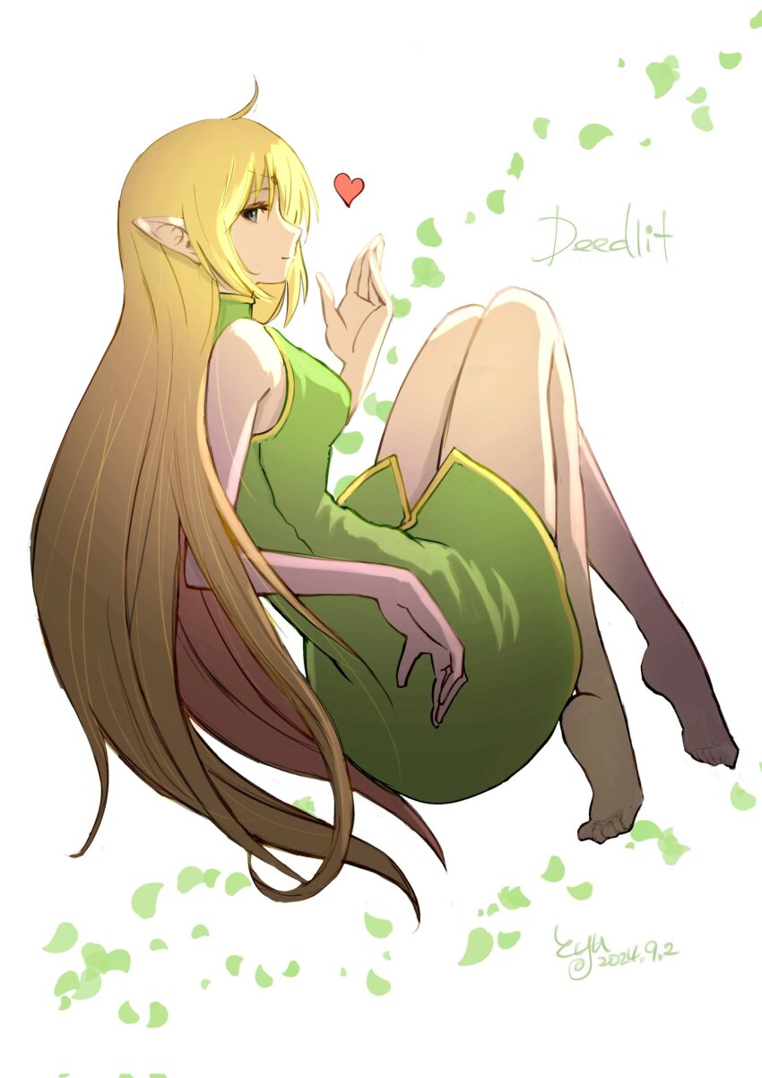 1girl ahoge bare_shoulders barefoot blonde_hair character_name collared_dress dated deedlit dress elf feet full_body green_dress green_eyes heart highres knees_up kohei_painter long_hair pointy_ears record_of_lodoss_war signature sleeveless sleeveless_dress solo toes