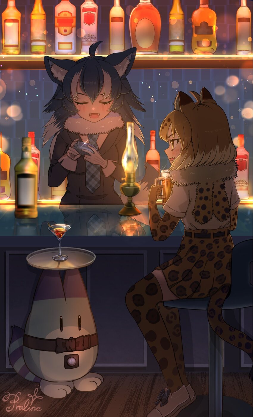 2girls alcohol ancolatte_(onikuanco) animal_ears bar_(place) beer beer_mug blonde_hair blue_necktie blush closed_eyes coat cocktail_glass cup drinking_glass elbow_gloves fangs fur_collar gloves grey_coat grey_hair grey_wolf_(kemono_friends) hair_between_eyes high-waist_skirt highres jaguar_(kemono_friends) jaguar_ears jaguar_girl jaguar_print jaguar_tail kemono_friends long_sleeves lucky_beast_(kemono_friends) mug multicolored_hair multiple_girls necktie open_mouth plaid_clothes plaid_necktie pleated_skirt print_gloves print_scarf print_skirt print_thighhighs scarf shirt shoes short_hair short_sleeves sidelocks sitting skirt sleeve_cuffs sneakers sweatdrop t-shirt tail thighhighs tray white_footwear white_fur white_gloves white_hair white_shirt wolf_ears wolf_girl wolf_tail yellow_eyes yellow_gloves yellow_skirt yellow_thighhighs zettai_ryouiki