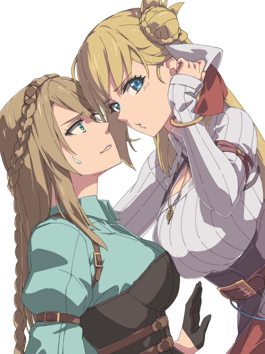 2girls agnes_claudel black_gloves blonde_hair blue_eyes bracelet braid breasts brown_hair bun_with_braided_base chiharu_(9654784) cleavage_cutout clothing_cutout crown_braid eiyuu_densetsu elaine_auclair gloves green_eyes hair_between_eyes hair_bun highres incoming_kiss jewelry kai_no_kiseki kuro_no_kiseki_(series) large_breasts long_hair multiple_girls parted_bangs pendant ribbed_sweater sidelocks simple_background single_side_bun sweatdrop sweater swept_bangs white_background