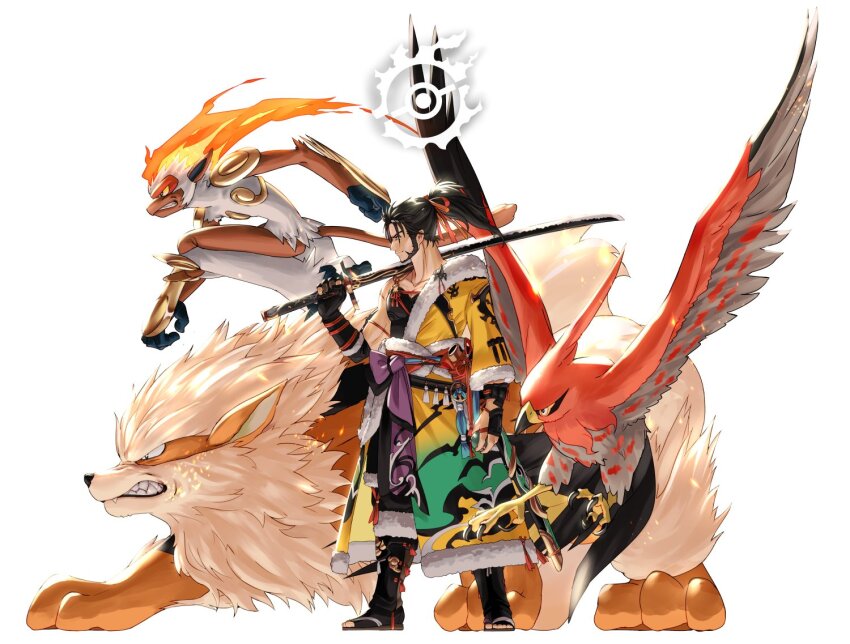 1boy 2021 arcanine armor beard black_footwear boots creatures_(company) crossover facial_hair final_fantasy final_fantasy_xiv flaming_weapon fur-trimmed_armor fur-trimmed_boots fur-trimmed_jacket fur_trim game_freak gen_1_pokemon gen_4_pokemon gen_6_pokemon gloves hair_ribbon hien_rijin high_ponytail holding holding_poke_ball holding_sword holding_weapon hyur infernape jacket katana nintendo poke_ball pokemon pokemon_(creature) ponytail potion_lilac ribbon samurai_(final_fantasy) sword talonflame weapon yellow_jacket